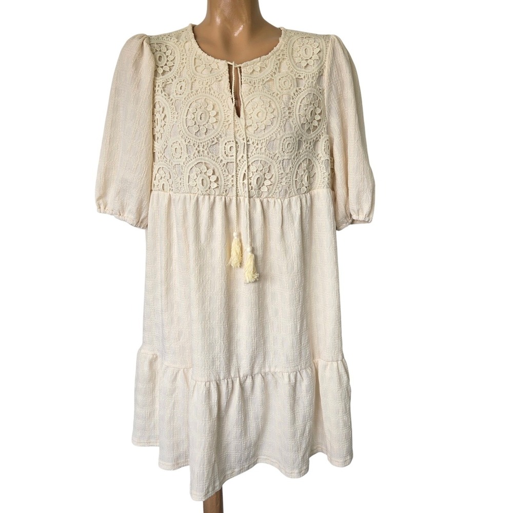 Dokotoo‎ Women's Cream Lace Tassel Tie Round Neck Short Sleeve Tiered Mini Dress